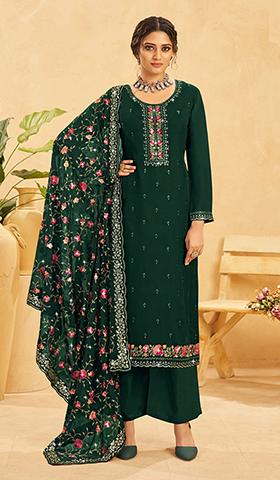 Dark Green Embroidered Organza Kurta Set