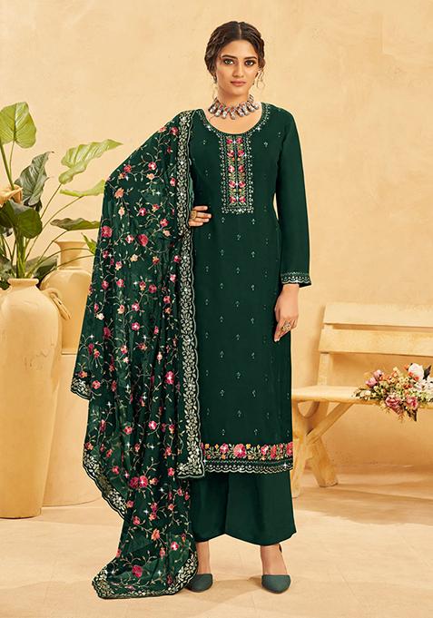 Dark Green Embroidered Organza Kurta Set