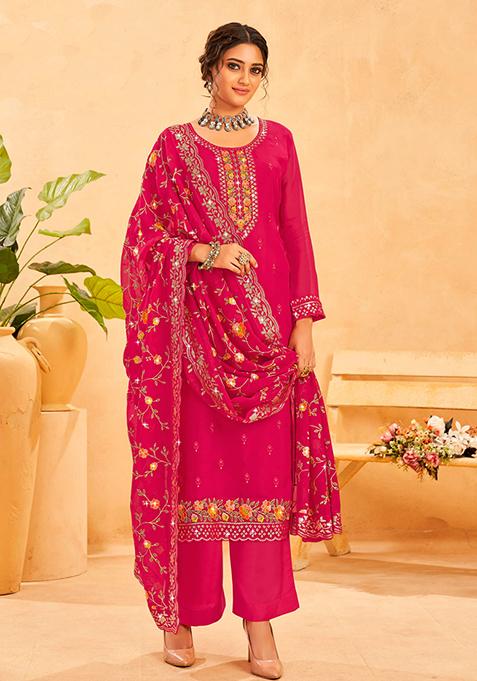 Rani Pink Embroidered Organza Kurta Set