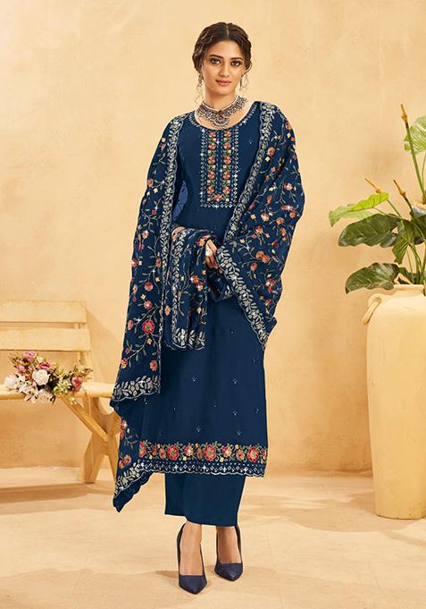 Navy Blue Embroidered Organza Kurta Set