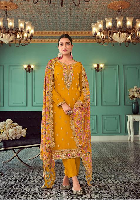 Mustard Embroidered Georgette Kurta Set