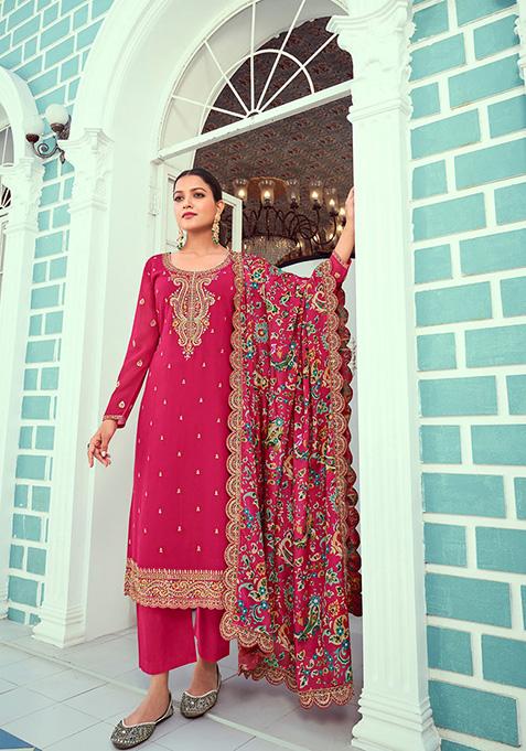 Rani Pink Embroidered Georgette Kurta Set