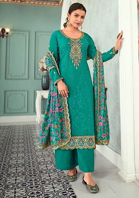 Mint Green Embroidered Georgette Kurta Set