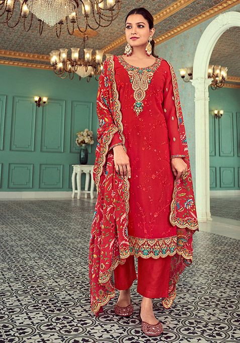 Red Embroidered Georgette Kurta Set