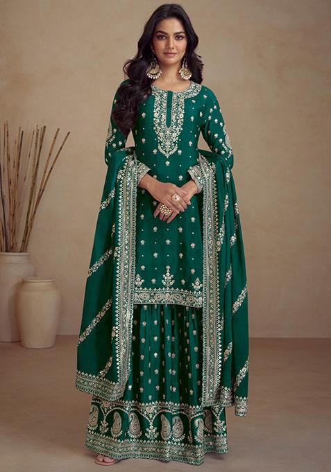 Green Sequin Embroidered Silk Sharara Set