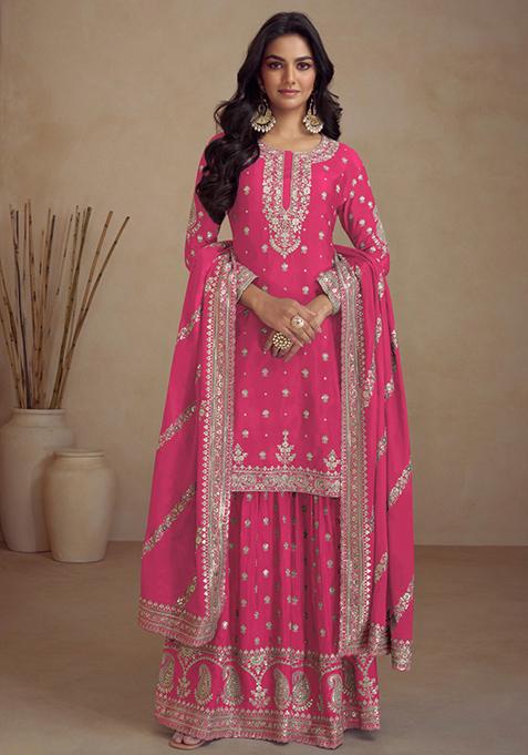 Pink Sequin Embroidered Silk Sharara Set