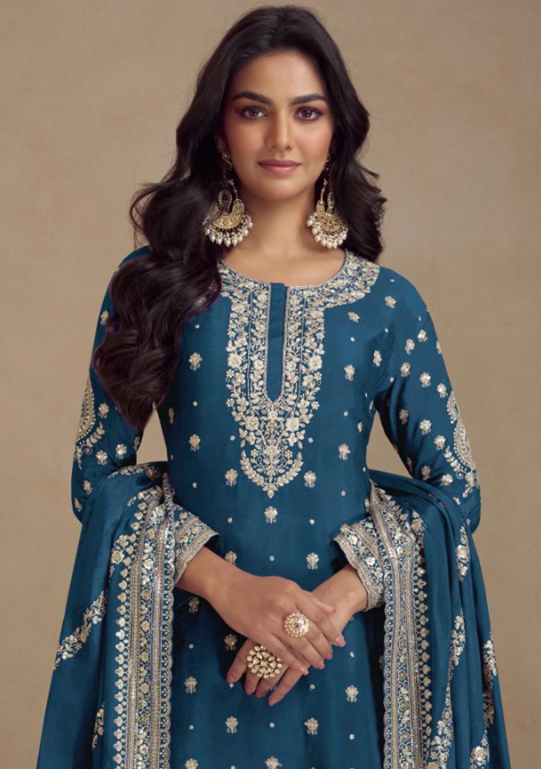 Blue Sequin Embroidered Silk Sharara Set - Indya