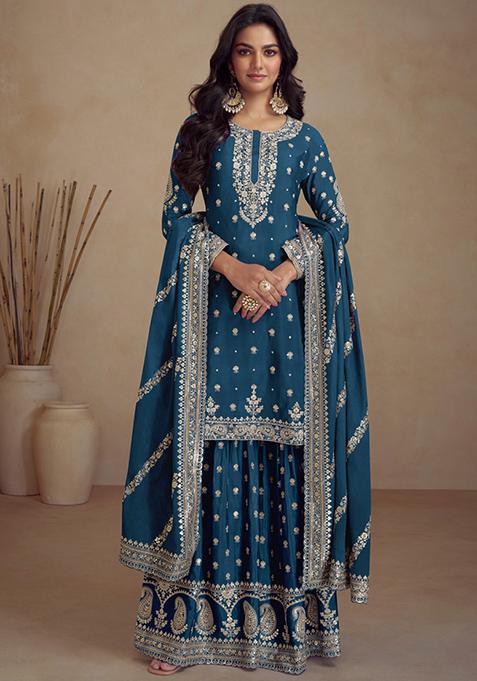 Blue Sequin Embroidered Silk Sharara Set