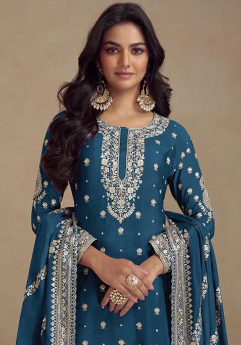Blue Sequin Embroidered Silk Sharara Set