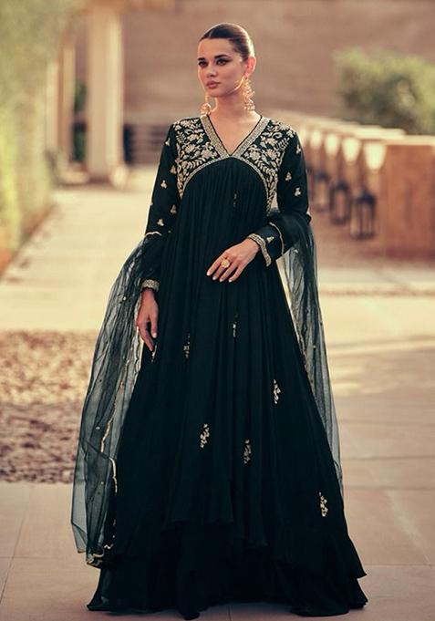 Black Sequin Embroidered Georgette Anarkali Set