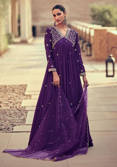 Purple Sequin Embroidered Georgette Anarkali Set