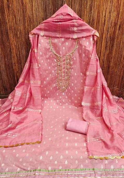 Pink Embellished Banarasi Jacquard Kurta Set