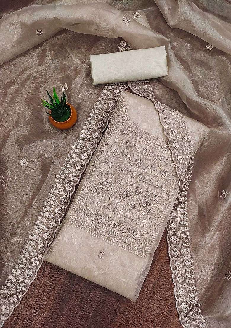 Grey Embroidered Organza Straight Kurta Set - Indya