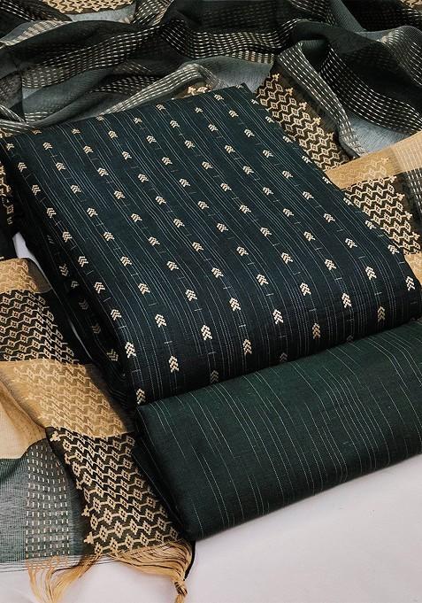 Green Striped Blended Straight Kurta Set