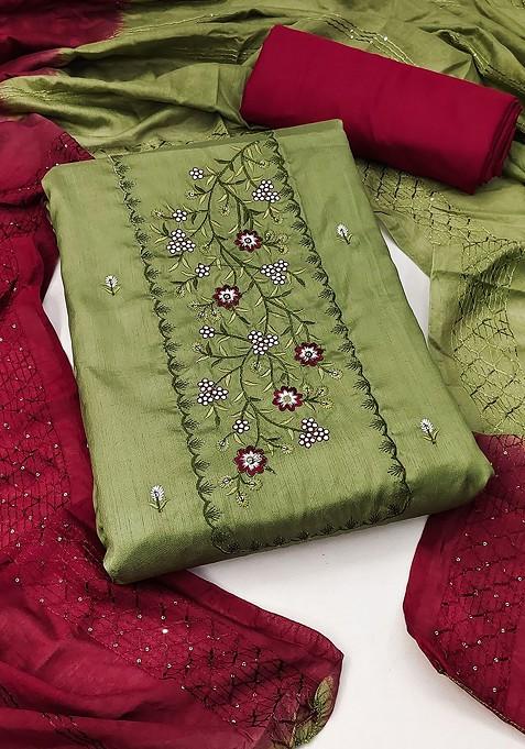 Olive Embroidered Poly Blend Kurta Set