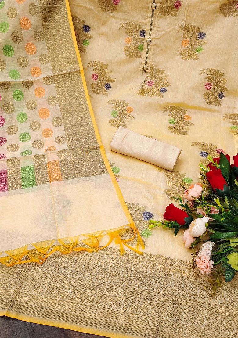 Beige Woven Pure Silk Kurta Set