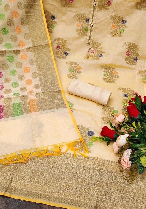 Beige Woven Pure Silk Kurta Set