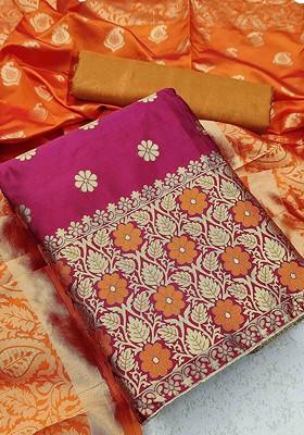 Pink Woven Banarasi Jacquard Kurta Set