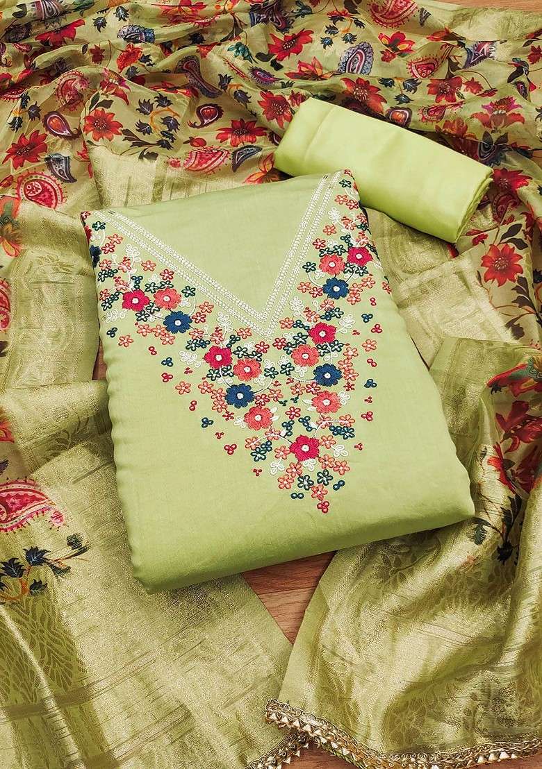 Lime Green Embroidered Poly Blend Kurta Set - Indya