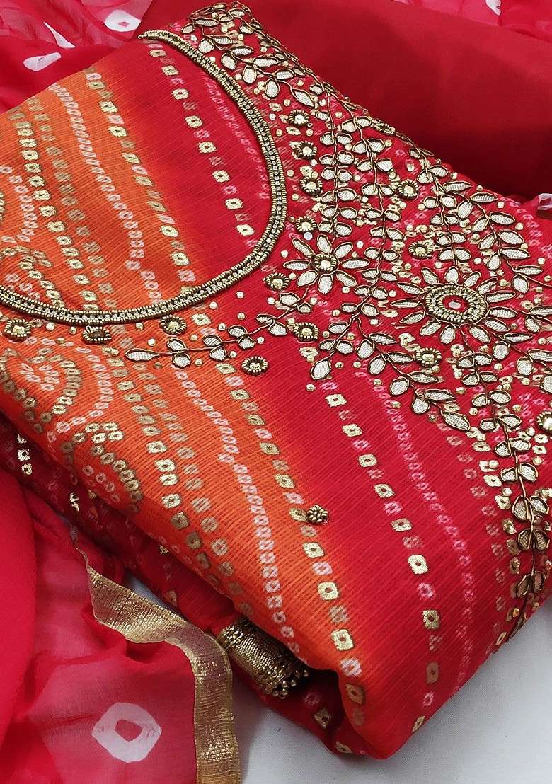 Red Bandhani Blended Punjabi Suit - Indya