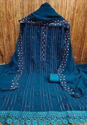 Blue Sequin Work Blended Straight Kurta Set