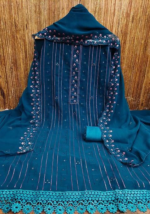 Blue Sequin Work Blended Straight Kurta Set