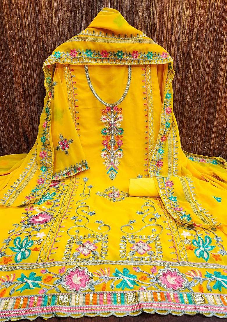 Yellow Embroidered Blended Straight Kurta Set - Indya