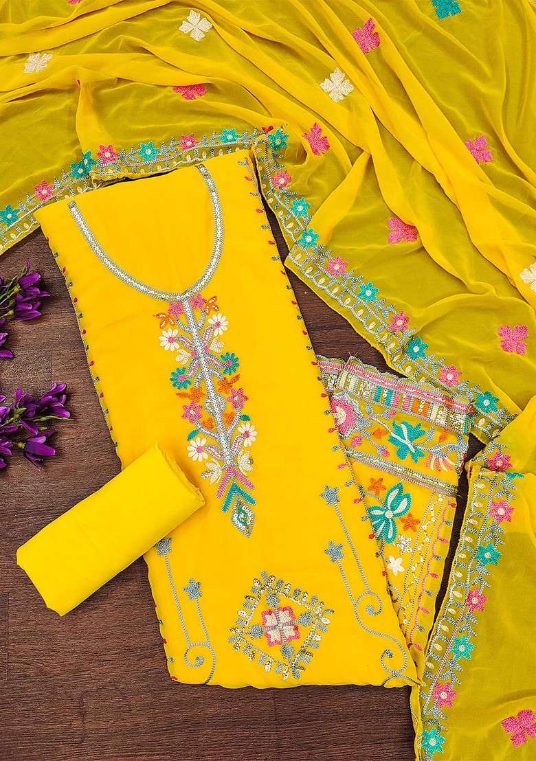 Yellow Embroidered Blended Straight Kurta Set - Indya