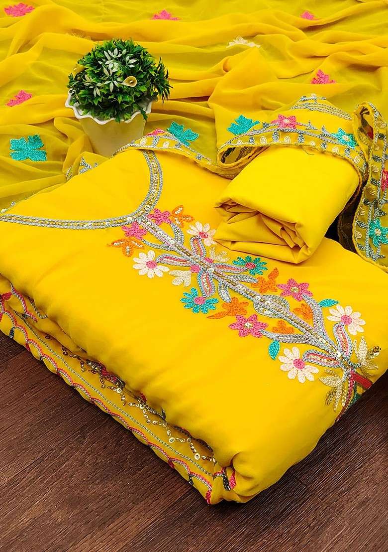 Yellow Embroidered Blended Straight Kurta Set - Indya