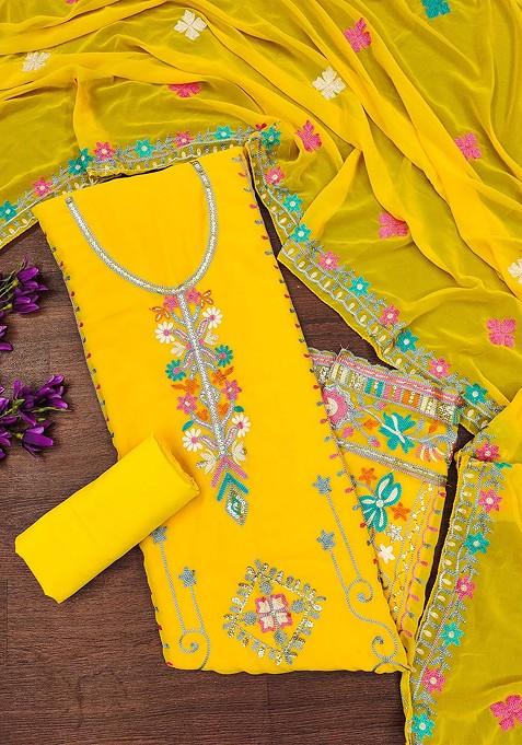 Yellow Embellished Poly Blend Kurta Set