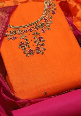 Orange Embellished Poly Blend Kurta Set