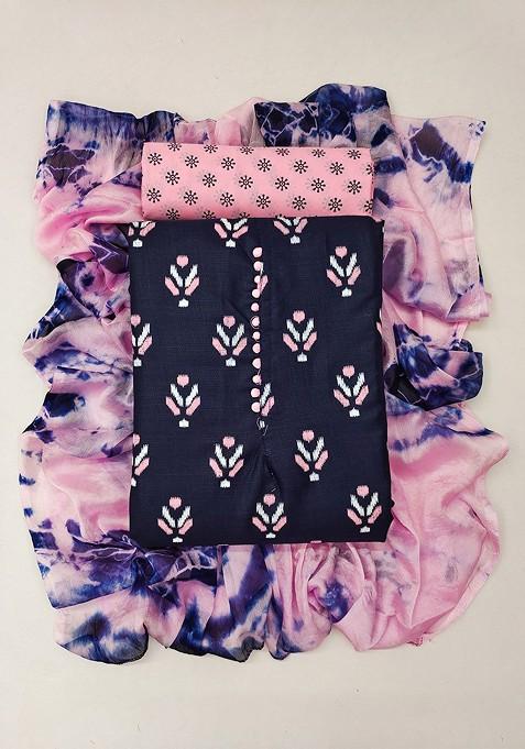 Blue Printed Poly Blend Kurta Set