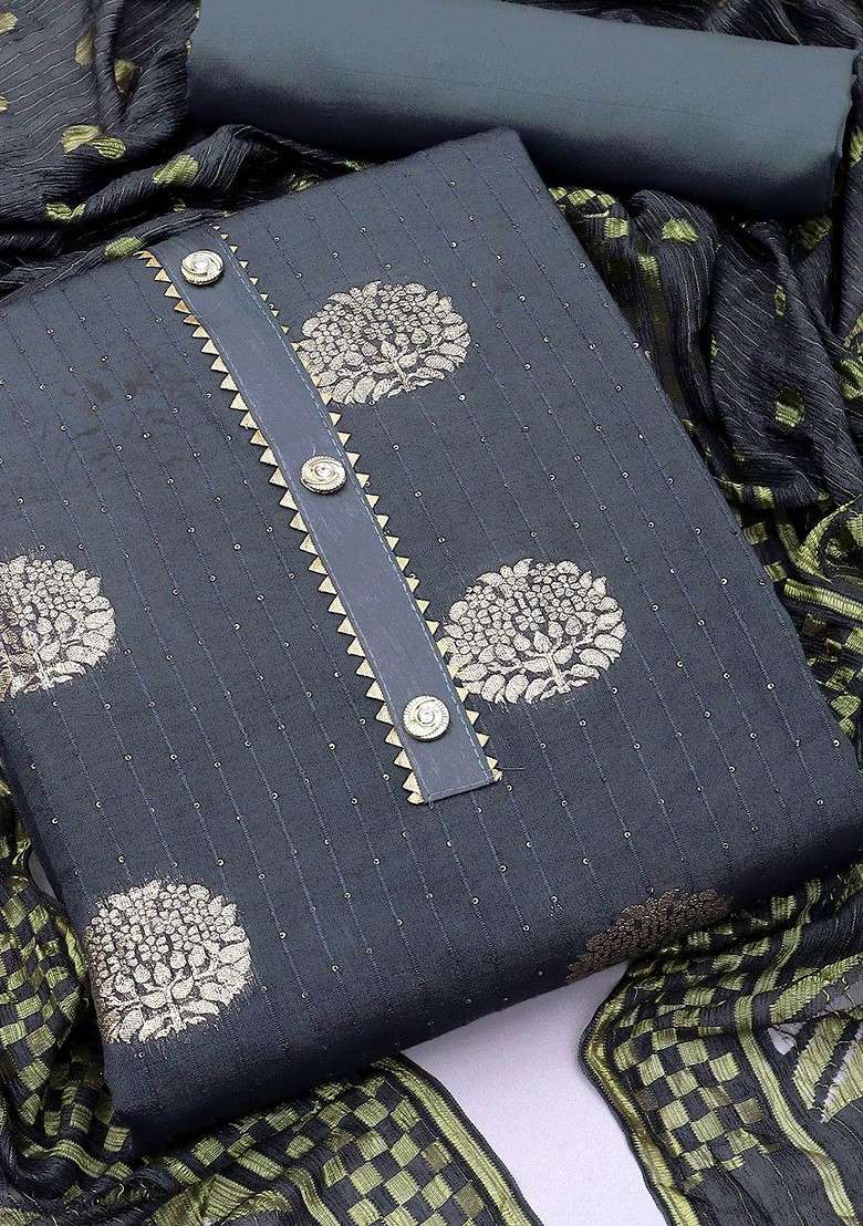 Grey Embroidered Cotton Straight Kurta Set - Indya