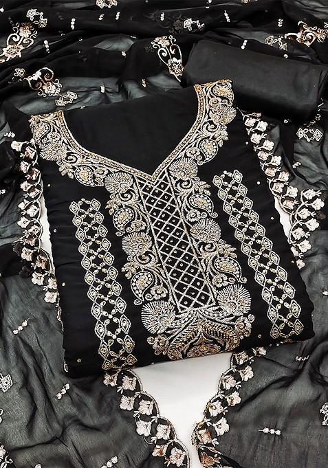 Black Embroidered Poly Blend Kurta Set