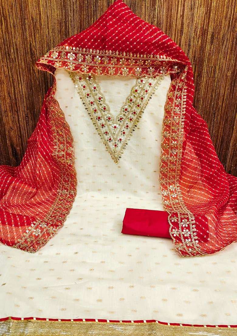 White Embroidered Blended Punjabi Suit - Indya