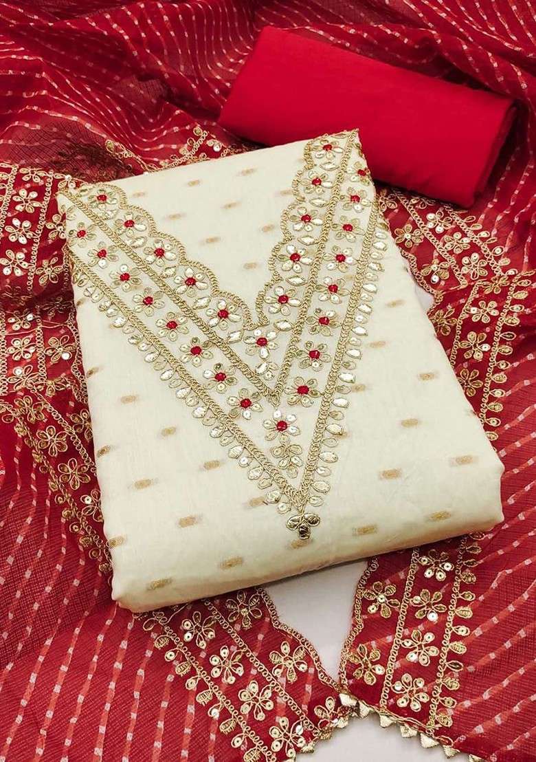 White Embroidered Blended Punjabi Suit - Indya