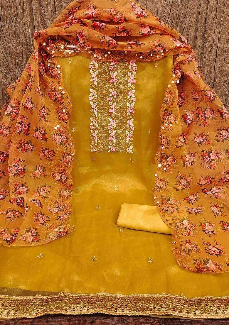 Yellow Embroidered Organza Straight Kurta Set - Indya