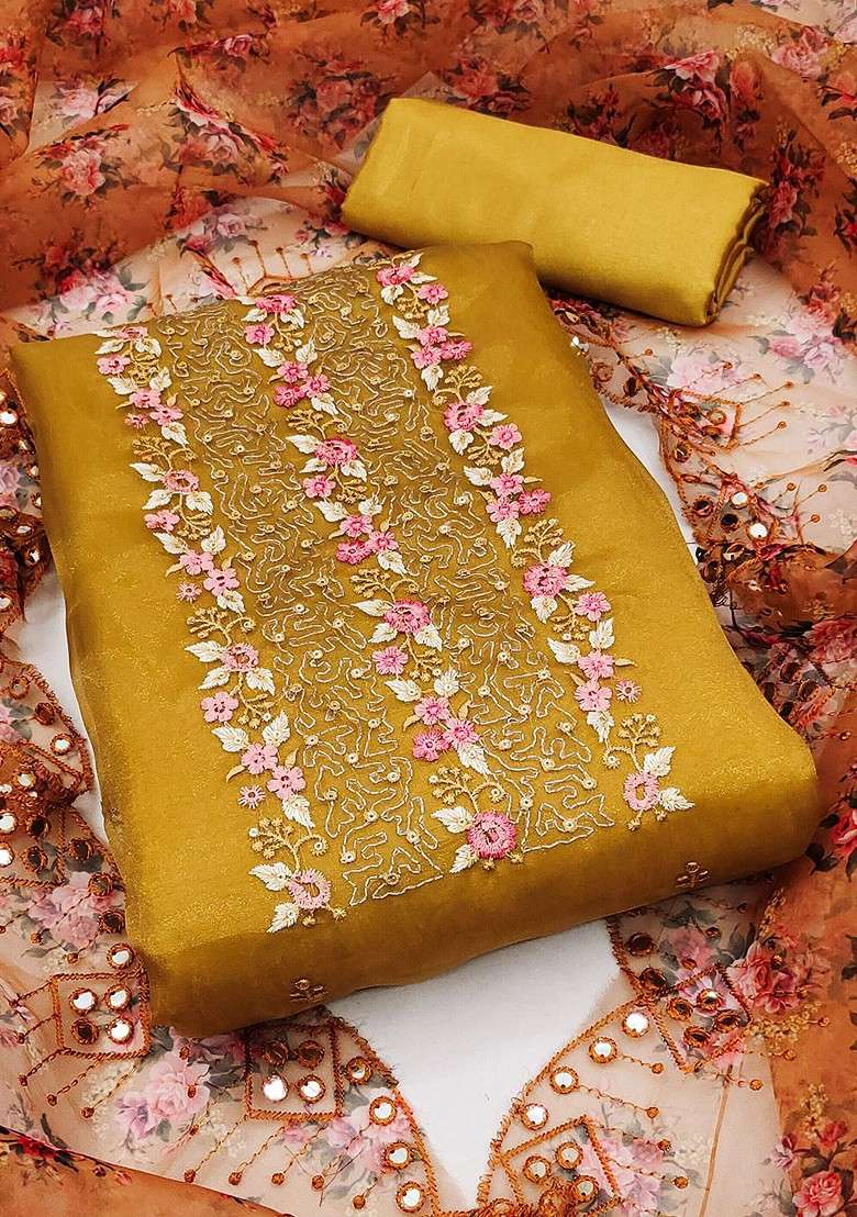 Yellow Embroidered Organza Straight Kurta Set - Indya