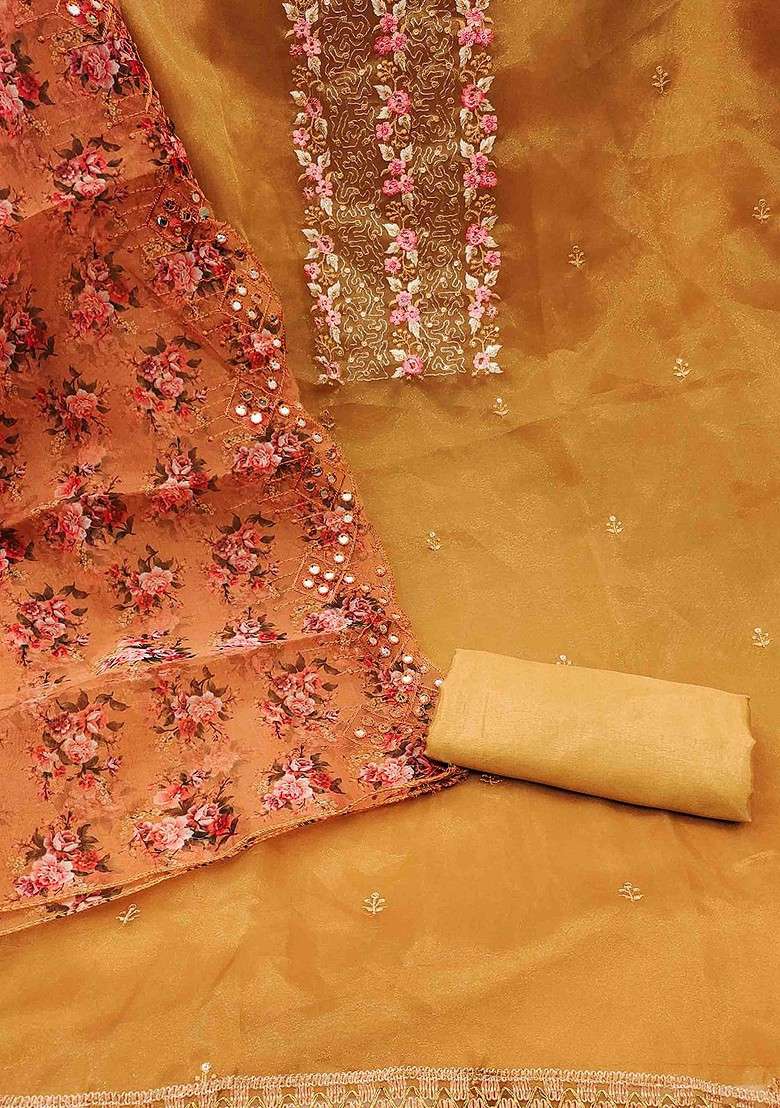 Yellow Embroidered Organza Straight Kurta Set - Indya