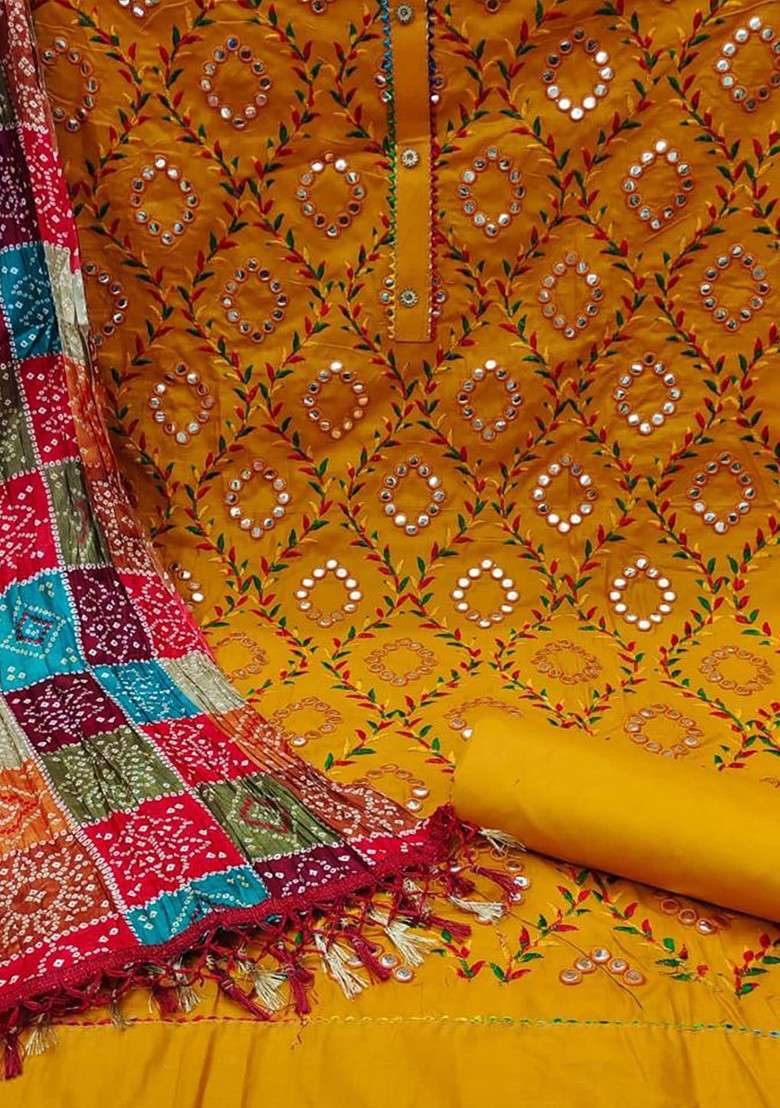 Yellow Embroidered Cotton Kurta Set - Indya