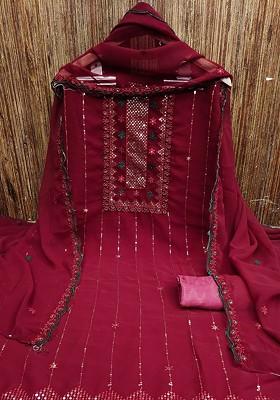 Maroon Embroidered Georgette Kurta Set