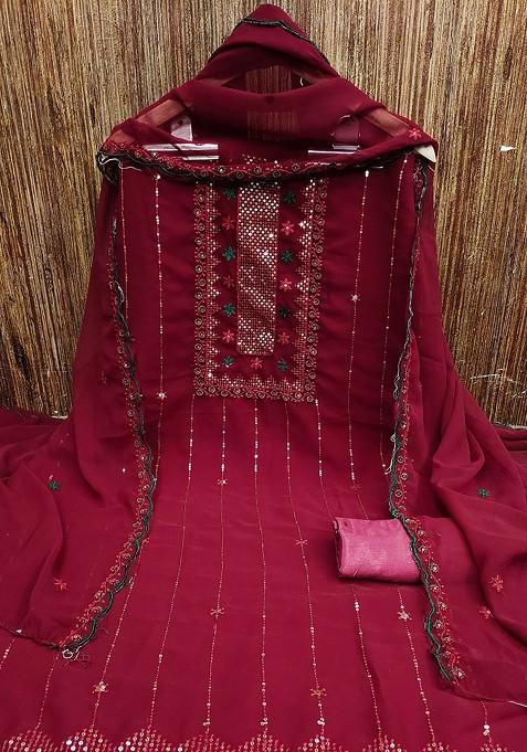 Maroon Embroidered Georgette Kurta Set