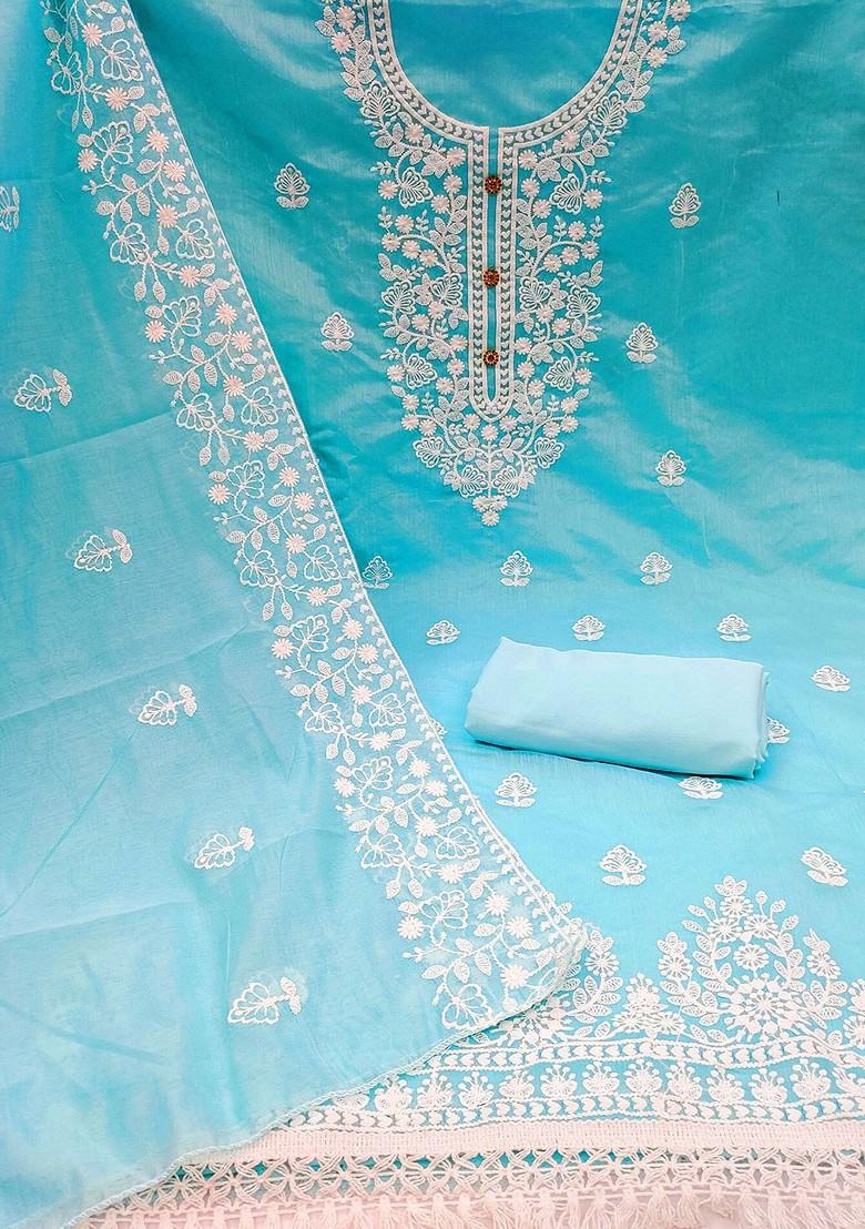 Blue Embroidered Poly Blend Kurta Set - Indya