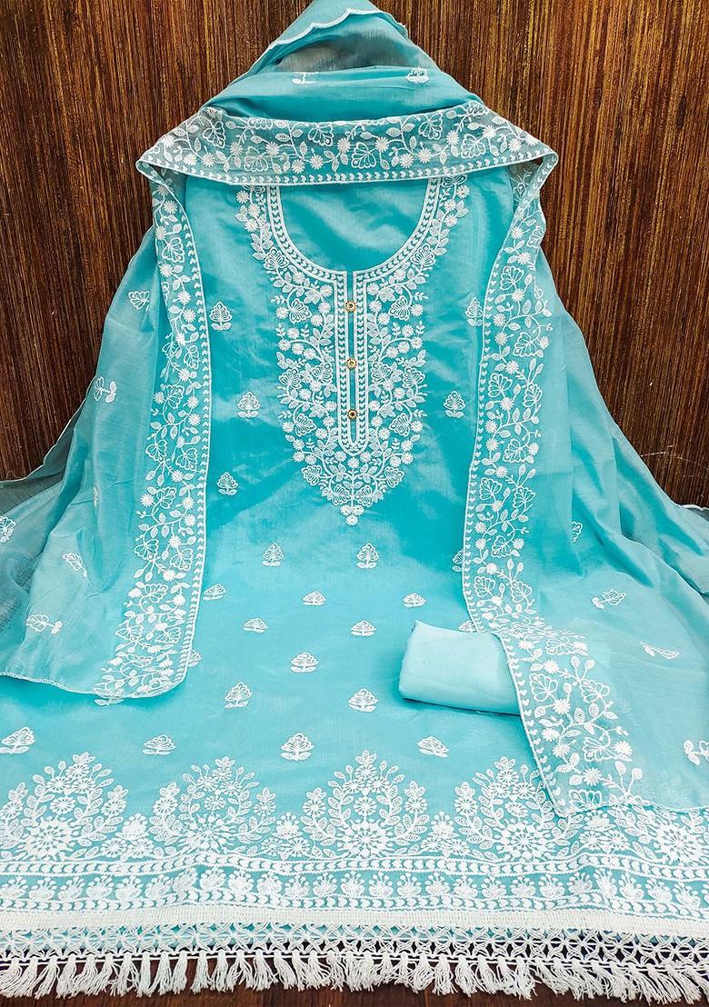 Blue Embroidered Poly Blend Kurta Set - Indya