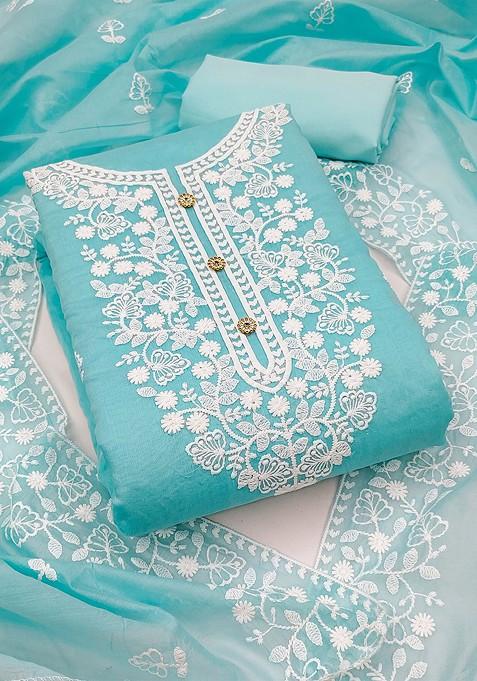 Blue Embroidered Poly Blend Kurta Set