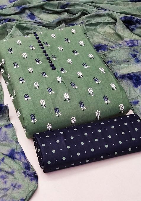 Green Printed Blended Straight Kurta Set