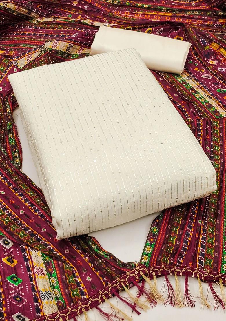 Off White Embellished Poly Blend Kurta Set - Indya