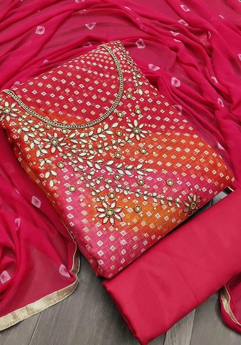 Pink Bandhani Blended Straight Kurta Set