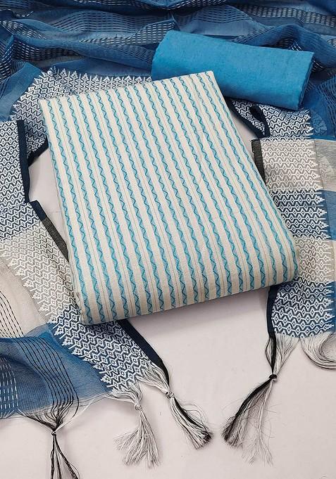 Blue Striped Print Poly Blend Kurta Set