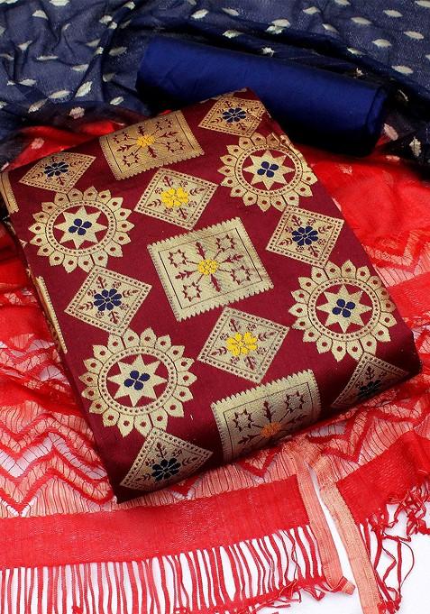 Maroon Woven Poly Blend Kurta Set